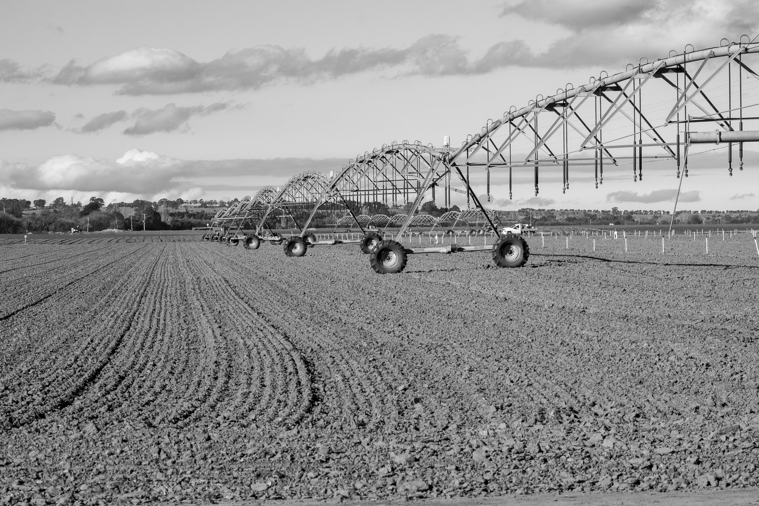 Irrigation arches stretch across a freshly cultivated field.