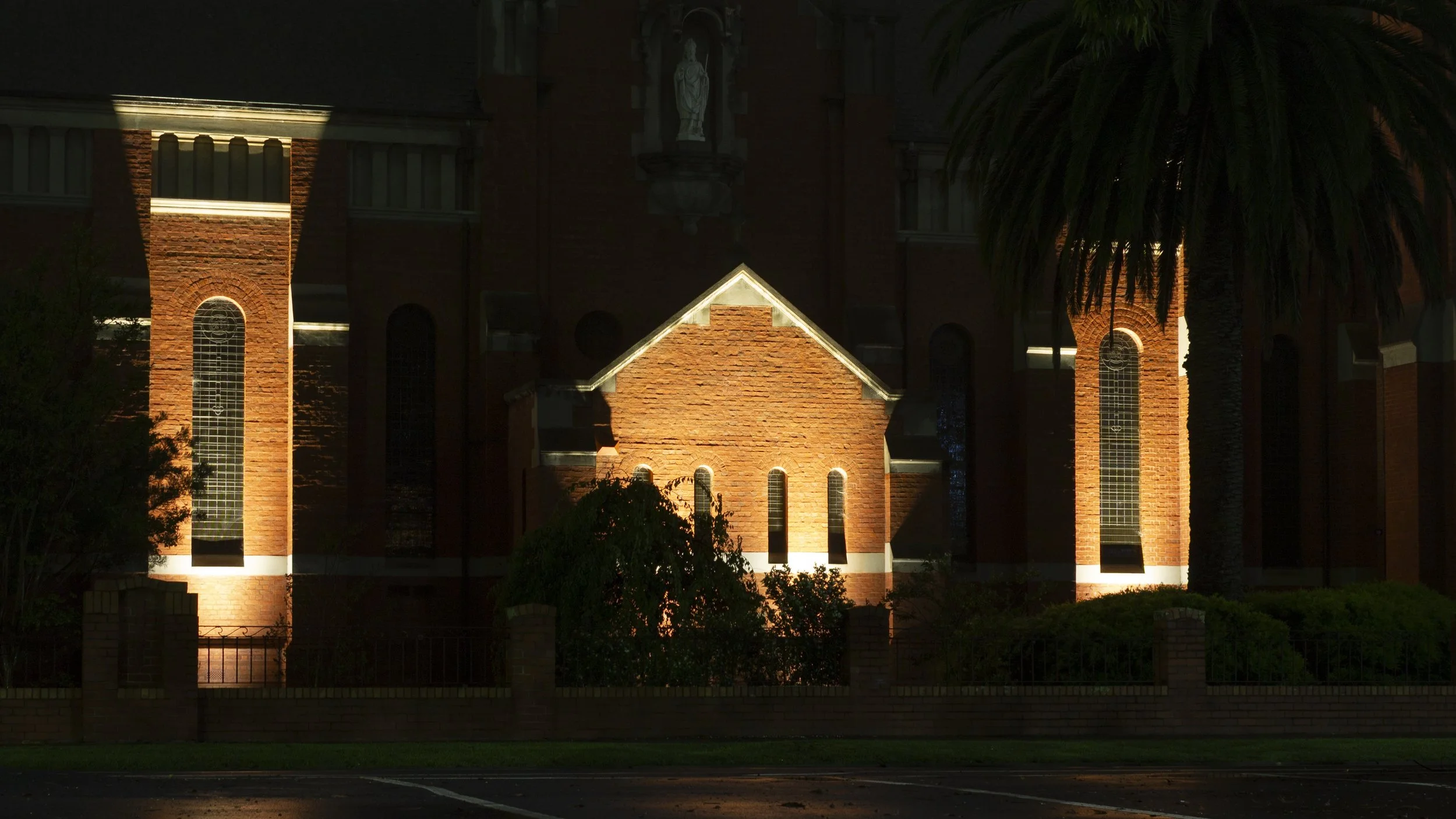St Mary’s Catholic Church, Bairnsdale, illuminated against the night.