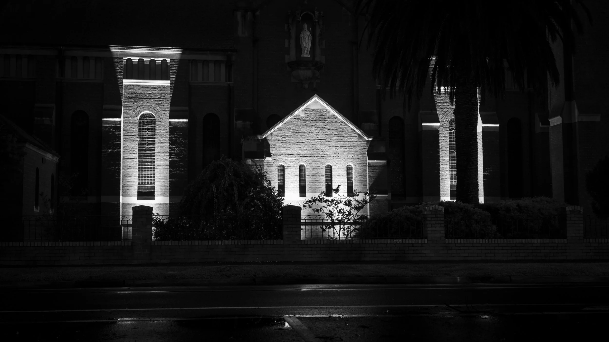 Black and white night photograph of St Mary's Church, Bairnsdale
