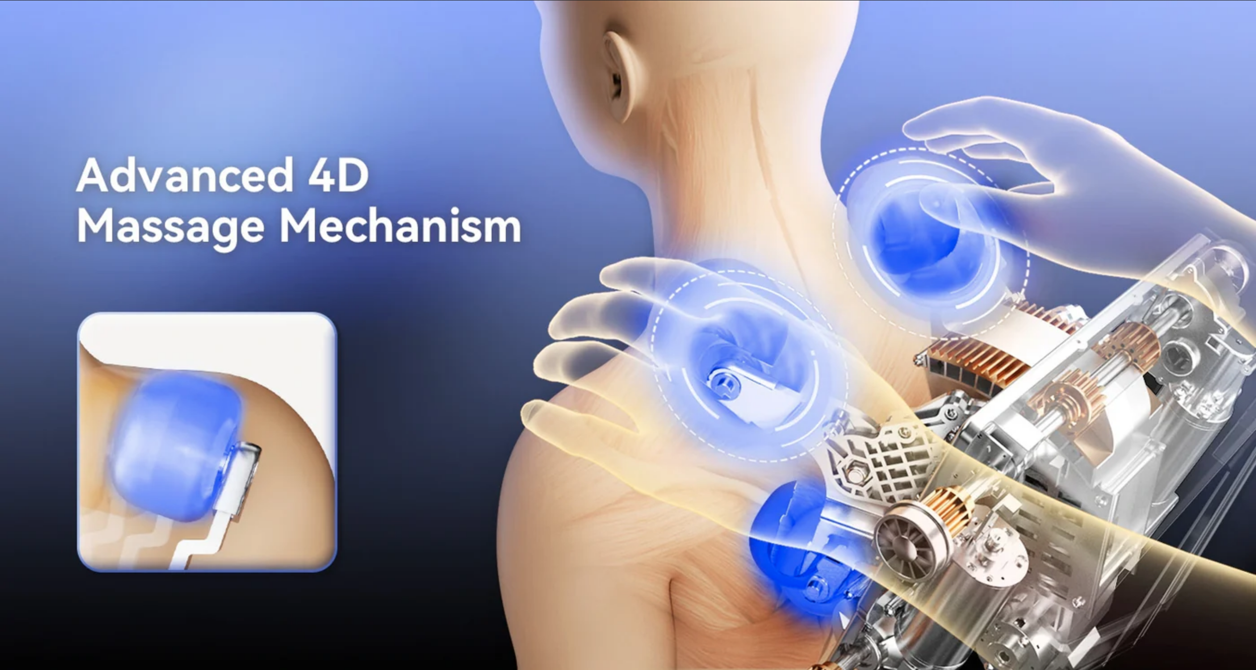 A digital illustration of an advanced 4D massage mechanism targeting a person's neck and shoulder area, with robotic components and glowing blue highlights.