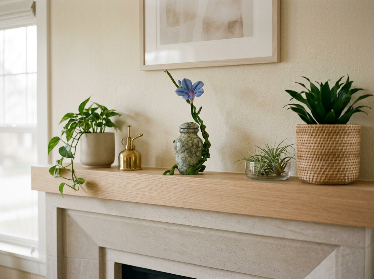 A wooden mantelpiece decorated with various potted plants, a brass spray bottle, a decorative vase with a flowering vine, and a framed picture on the wall behind.