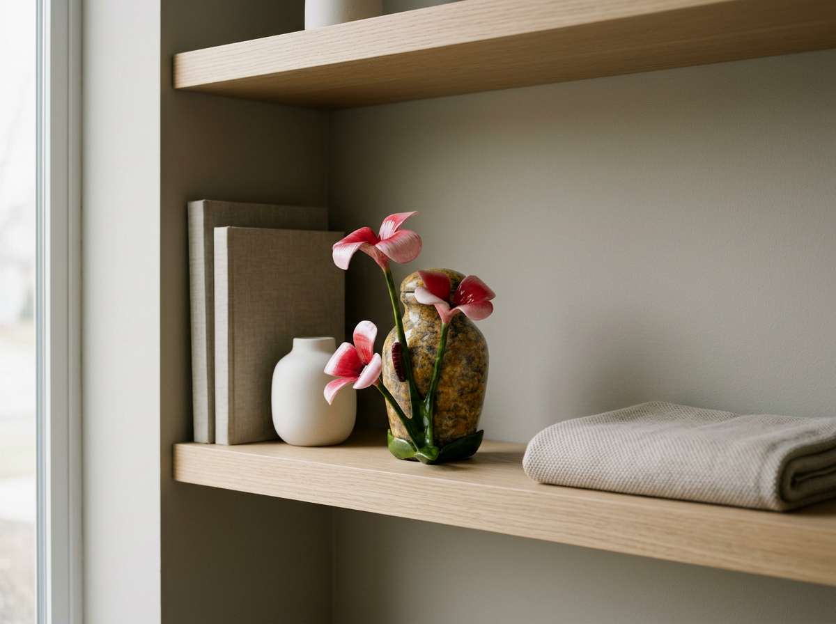 Decorative shelves with books, a minimalist white vase, a colorful stone vase with pink flowers, and a folded beige cloth.