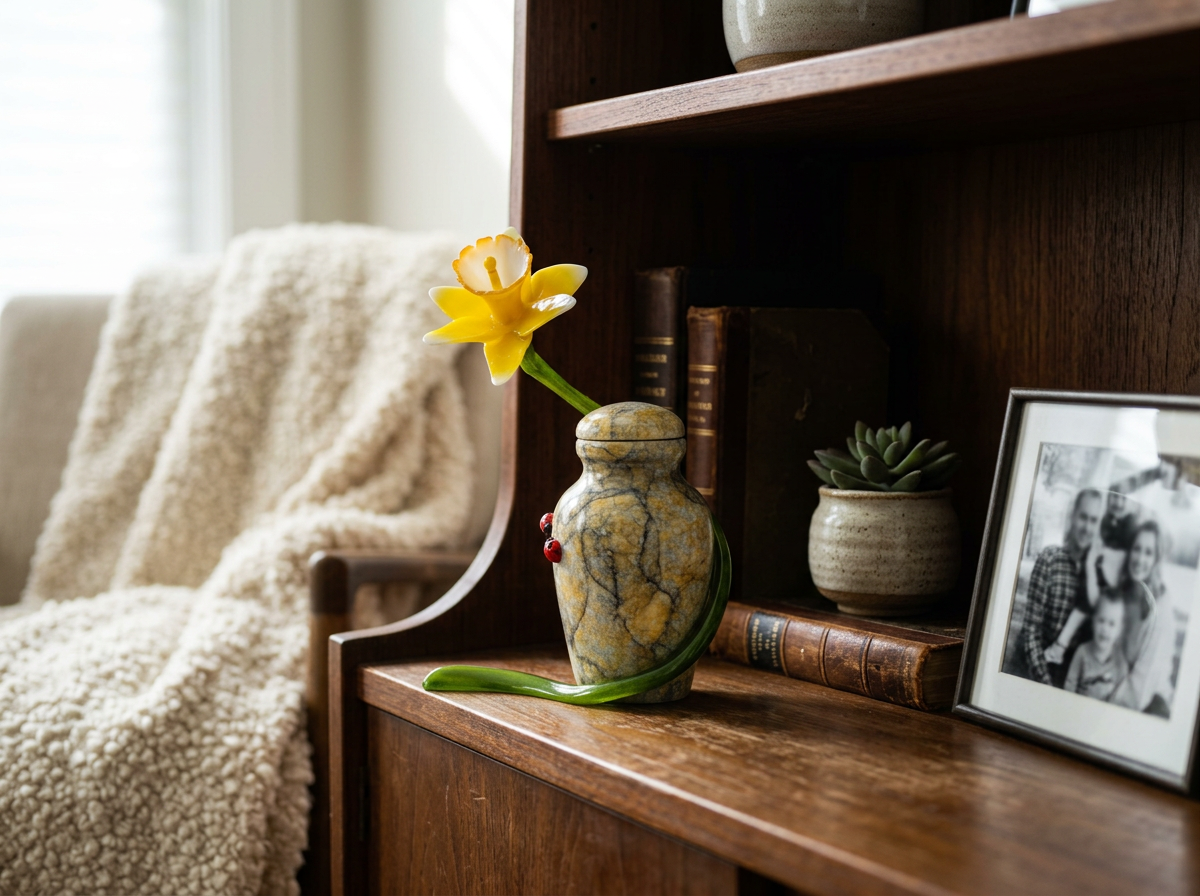 Decorative vase with a yellow flower on a wooden shelf, next to books, a small potted succulent, and a black-and-white family photo frame, with a cozy beige blanket draped over a chair in the background.
