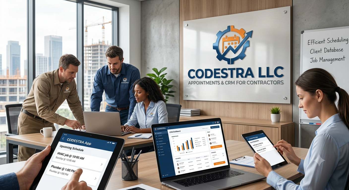 Business meeting in a modern office with four people discussing. The office features large windows showing a city skyline, a Codstra LLC sign on the wall, and digital devices displaying scheduling and project management apps.