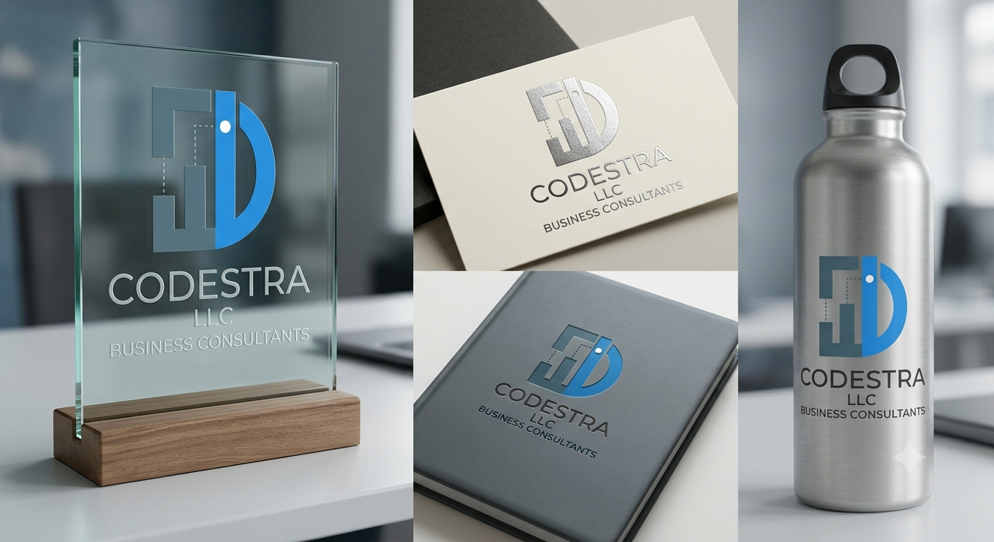 Set of business branding items including a glass sign with company logo on a wooden base, two business cards, a notebook, and a metal water bottle, all displaying the 'Codestra LLC Business Consultants' logo.