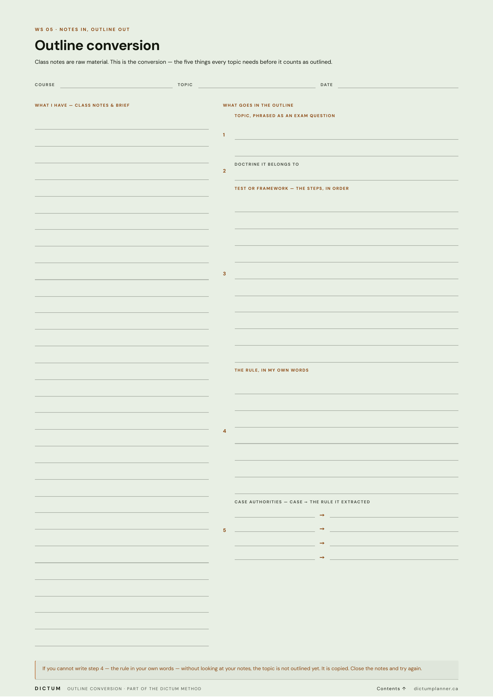 A class notes template with sections for course, topic, date, and outline notes, featuring numbered steps and a light green background.