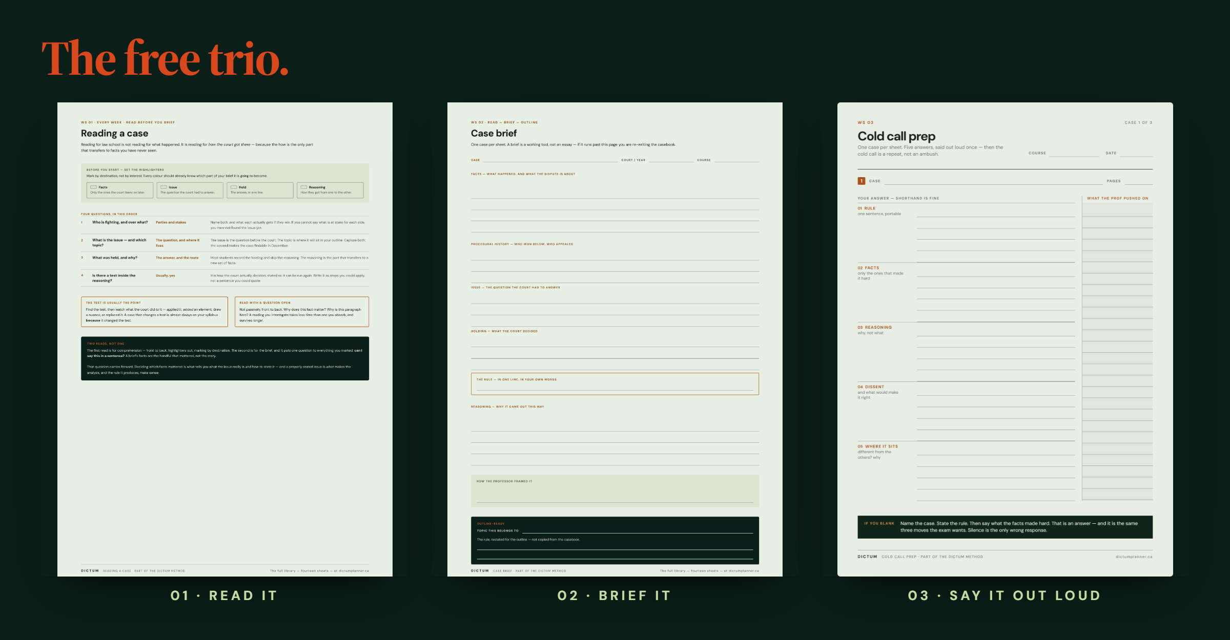 A graphic showing three documents titled 'Reading a case,' 'Case brief,' and 'Cold call prep,' outlining steps for legal case analysis and briefing, with each step labeled 01, 02, and 03.