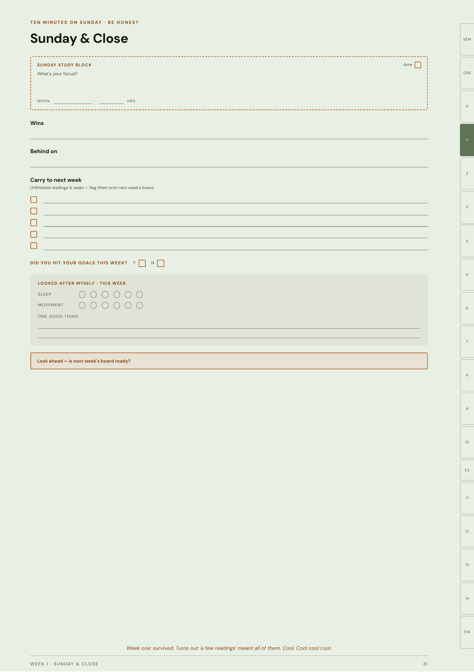 A weekly planner page for Sunday & Close with sections for focus, times, wins, behind on, carry to next week, self-care, goals, and planning for the upcoming week. The page includes checkboxes and space for notes, with a light green background and orange accents.
