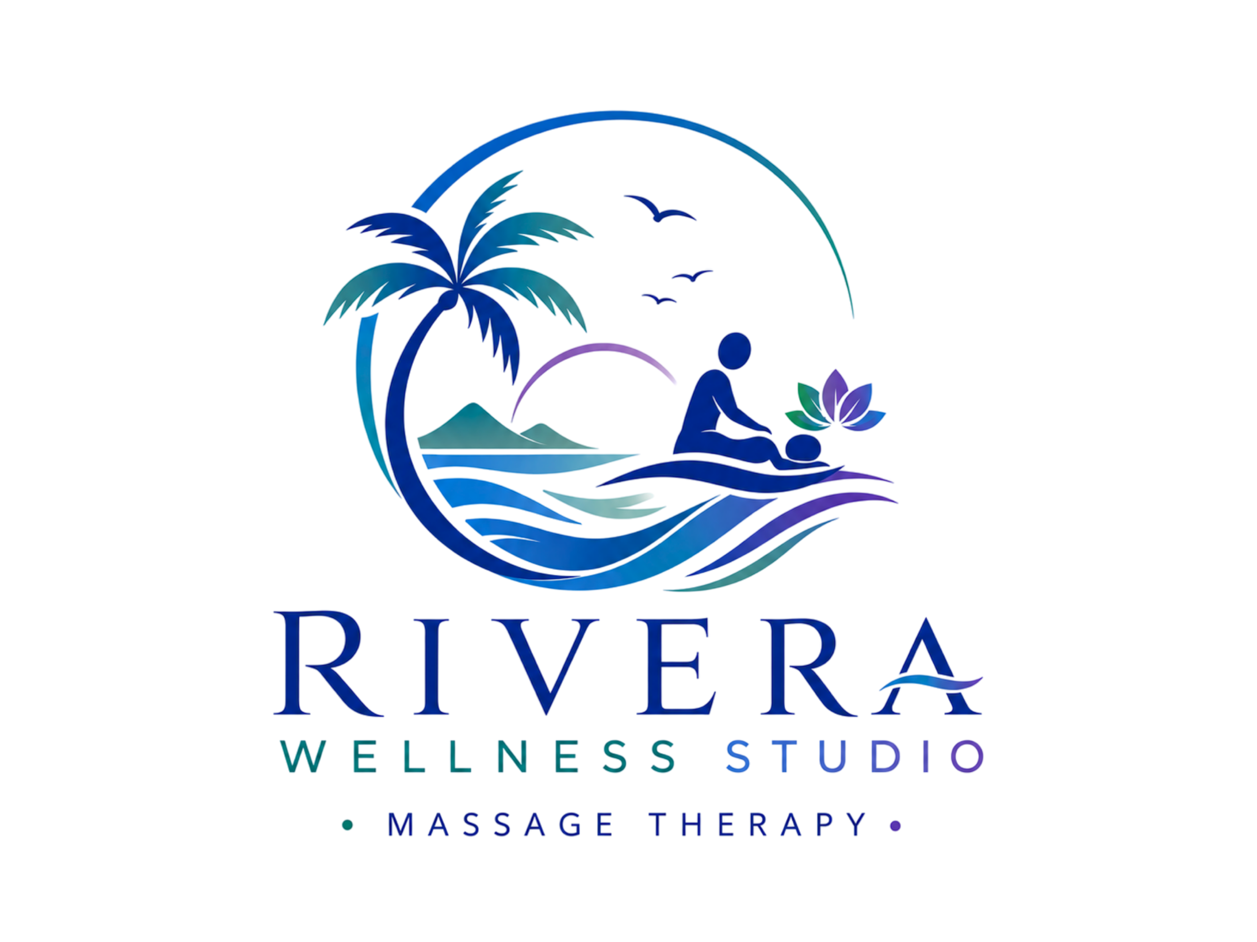 Logo for Rivera Wellness Studio featuring a stylized tropical scene with a palm tree, mountains, birds, and water, along with text related to wellness and massage therapy.