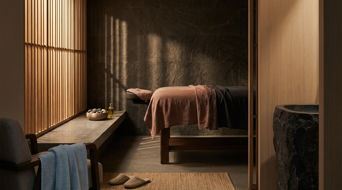 A massage bed in a spa room with soft lighting, dark stone walls, wooden accents, a bowl of stones, and a small bottle of massage oil on a counter.