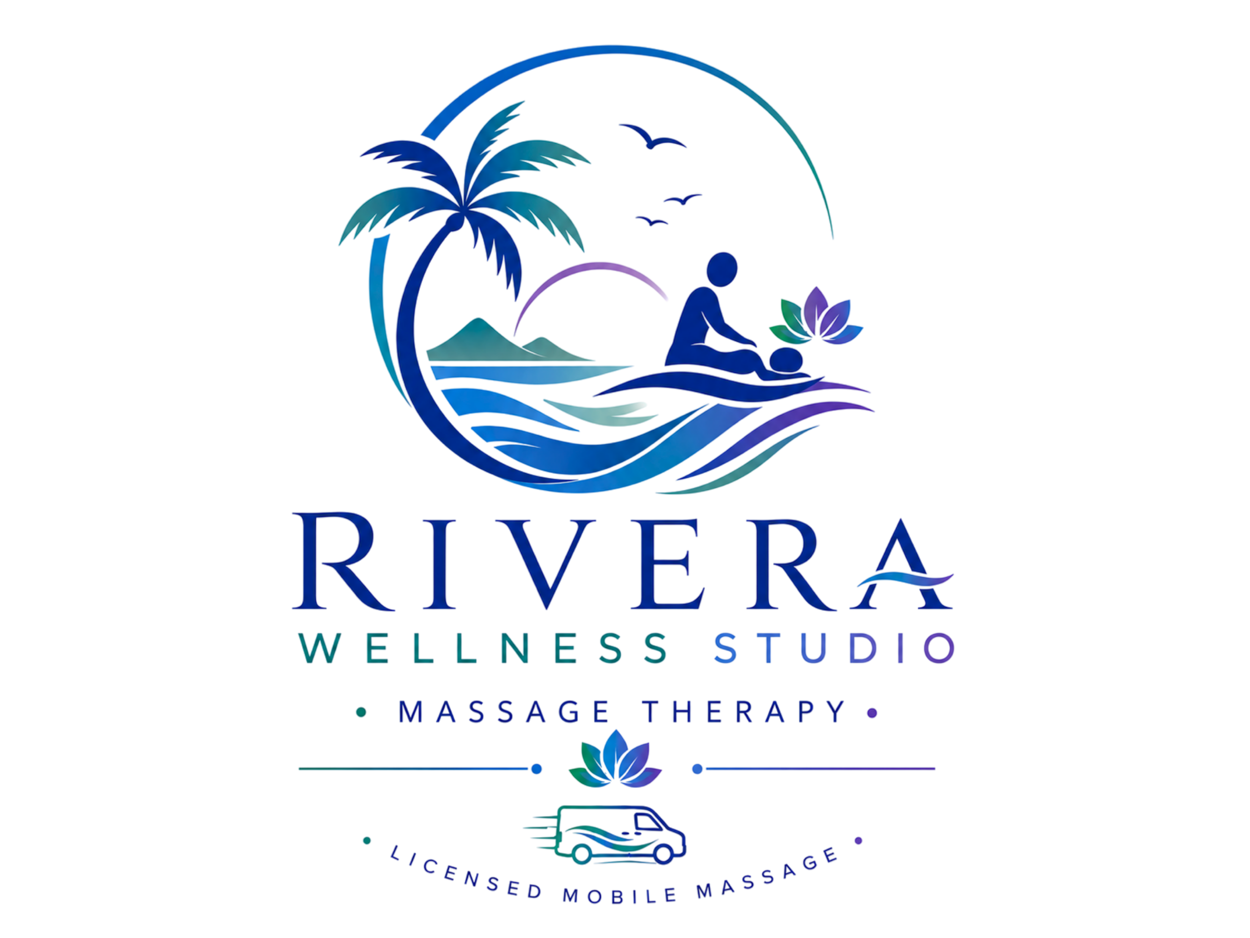 Logo for Rivera Wellness Studio featuring a palm tree, mountains, birds, a sunset, a lotus flower, a massage table, and a mobile massage van, with the text 'Rivera Wellness Studio' and 'Massage Therapy'.