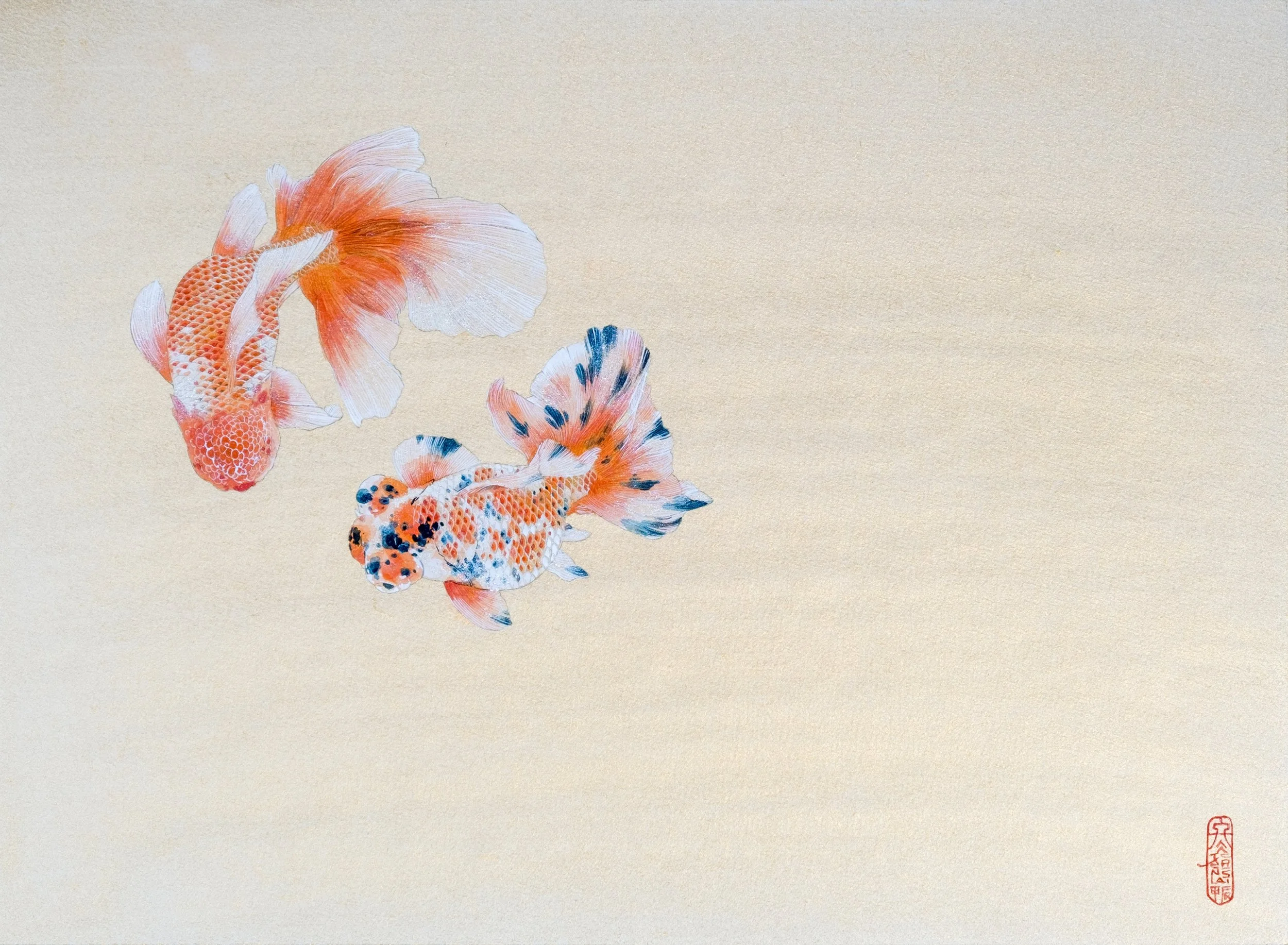 Double Happiness — goldfish painting by Cristjen Lai, created using traditional Gongbi and Nihonga techniques.
