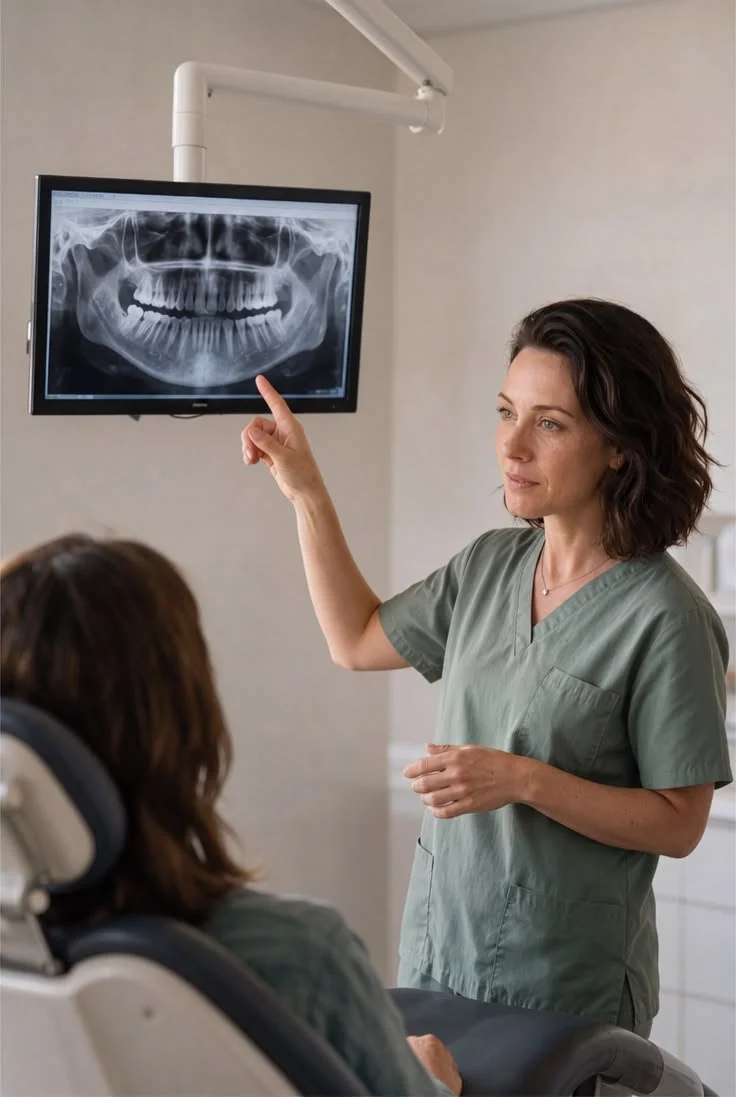 A dentist explains a dental X-ray to a patient at a dental office.