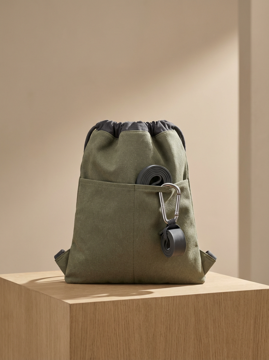 Olive green backpack with a black yoga mat roll and a black yoga strap attached, placed on a wooden surface.