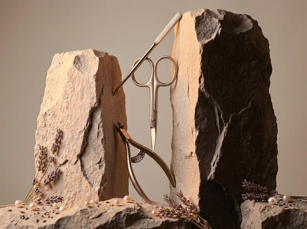 Two large rocks are standing upright with a pair of dental or surgical scissors and a dental pick inserted between them. Some dried lavender sprigs and pearls are scattered at the base of the rocks.