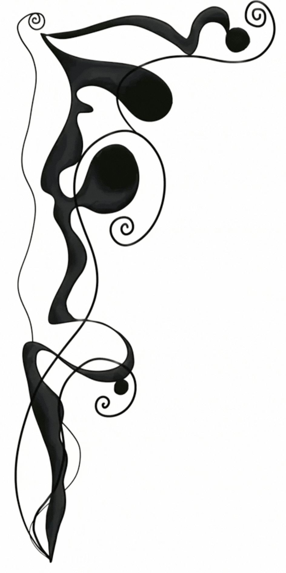 Black abstract floral and swirl design with blinking eyes