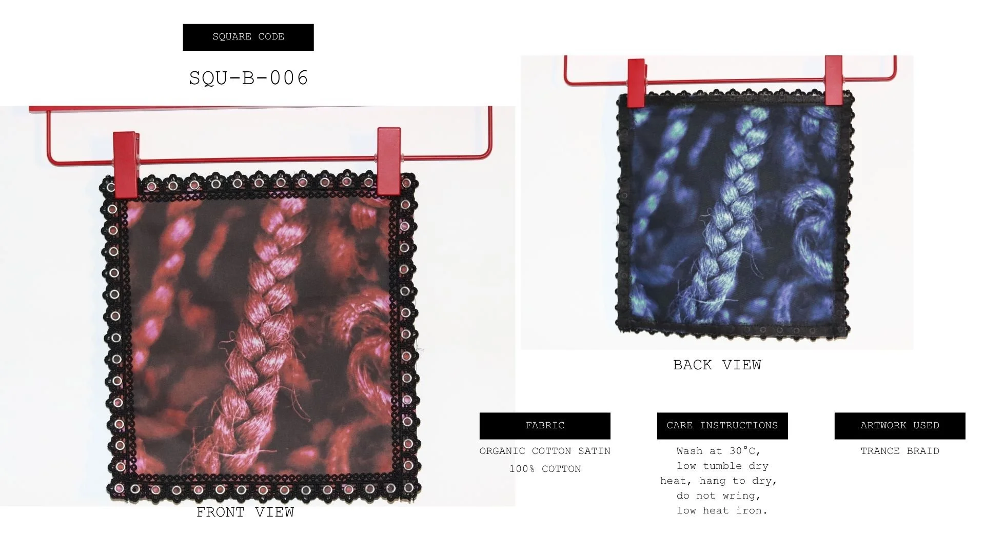 square with image of red braid on one side and blue braid on the other side