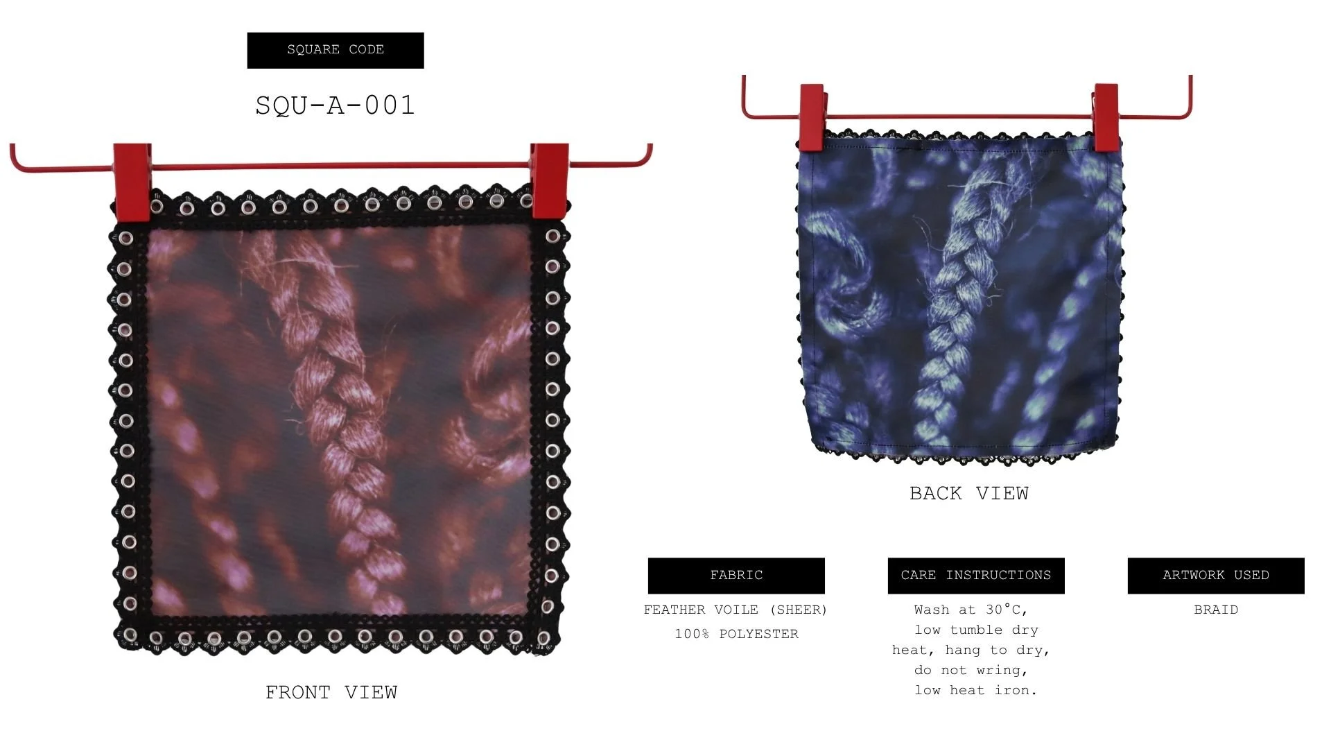 square block with braid photo- red on the front and blue on the back