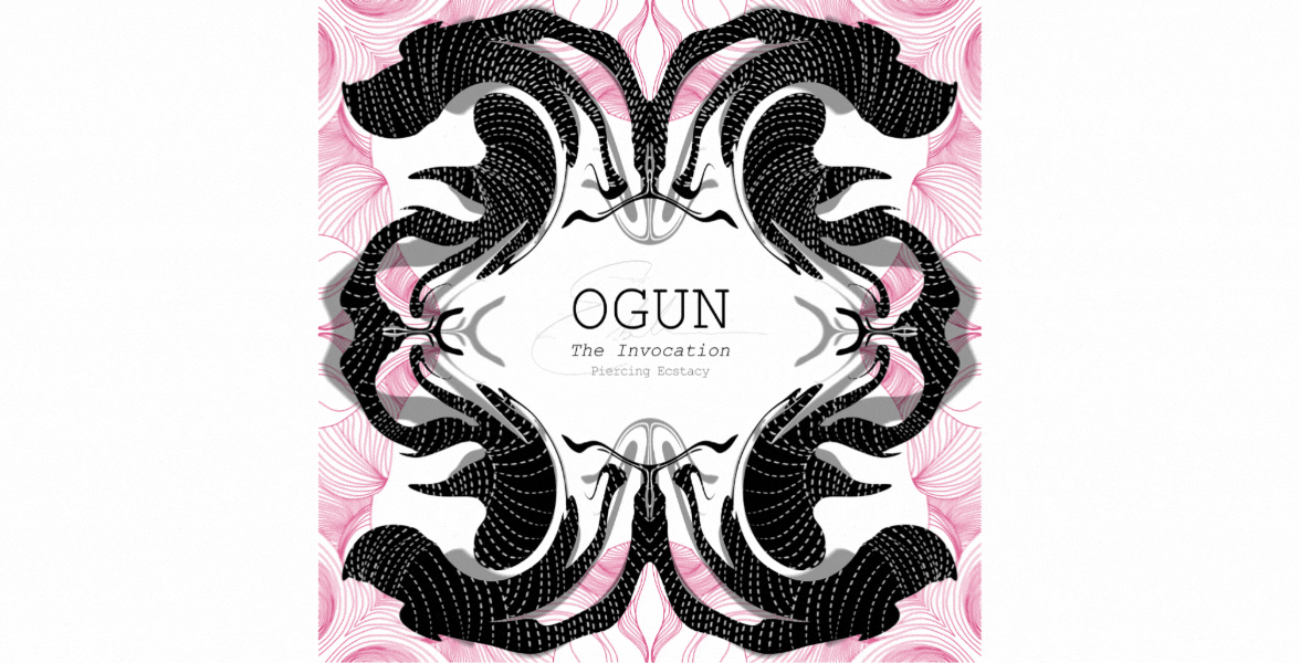 Artwork featuring symmetrical black and gray abstract tentacle-like shapes with pink background and the text "OGUN The Invocation Piercing Ecstasy" in the center.