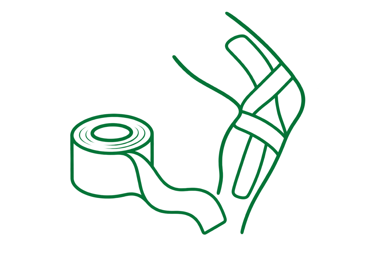 Green hand holding a roll of tape and a utility knife.