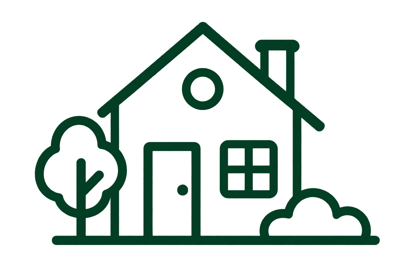 A glowing green outline of a house against a dark background.