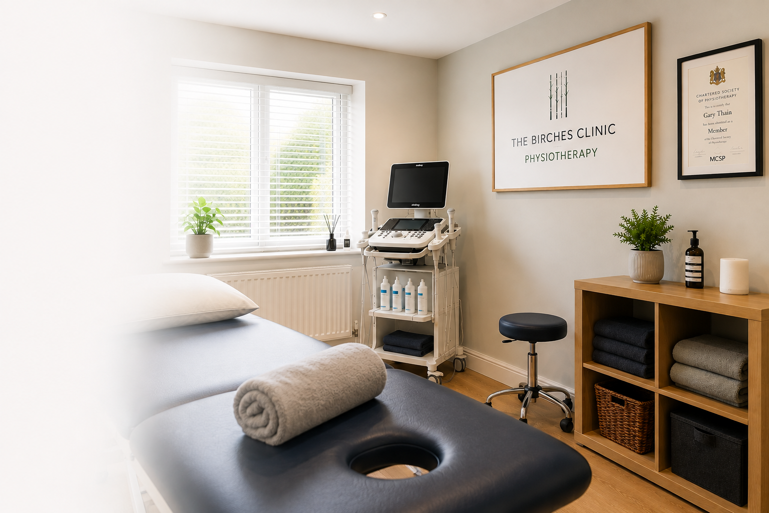A therapy room with a massage table, a window with blinds, and treatment equipment including an ultrasound machine. The wall has framed certificates and a large sign reading 'The Birches Clinic Physiotherapy.' There are potted plants and storage shelves with towels.