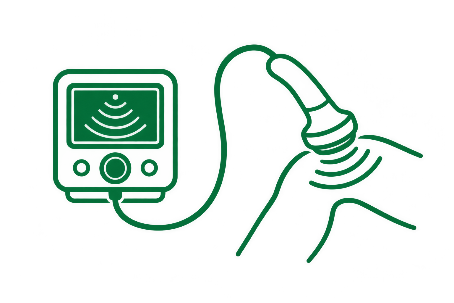 Green neon illustration of an ultrasound machine and a hand holding a probe.