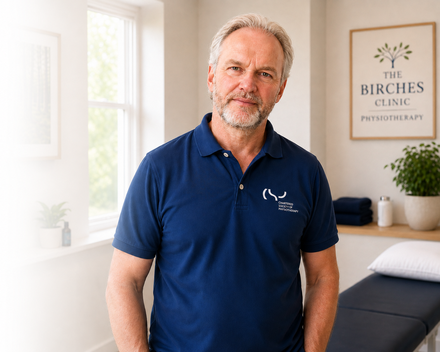 A middle-aged man with gray hair and a beard, wearing a dark blue polo shirt with the logo 'Chartered Society of Physiotherapy,' standing in a well-lit physiotherapy clinic with a bed, potted plant, and framed sign in the background.