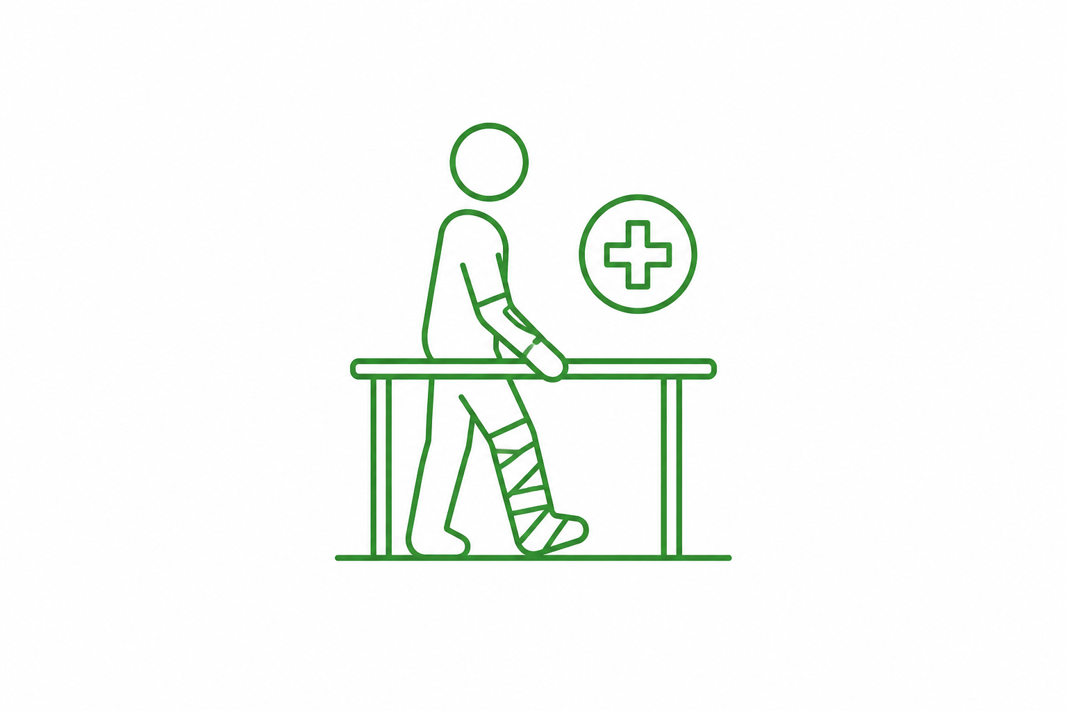Illustration of a person with a bandaged leg in a cast walking on crutches next to a table with a medical cross symbol.