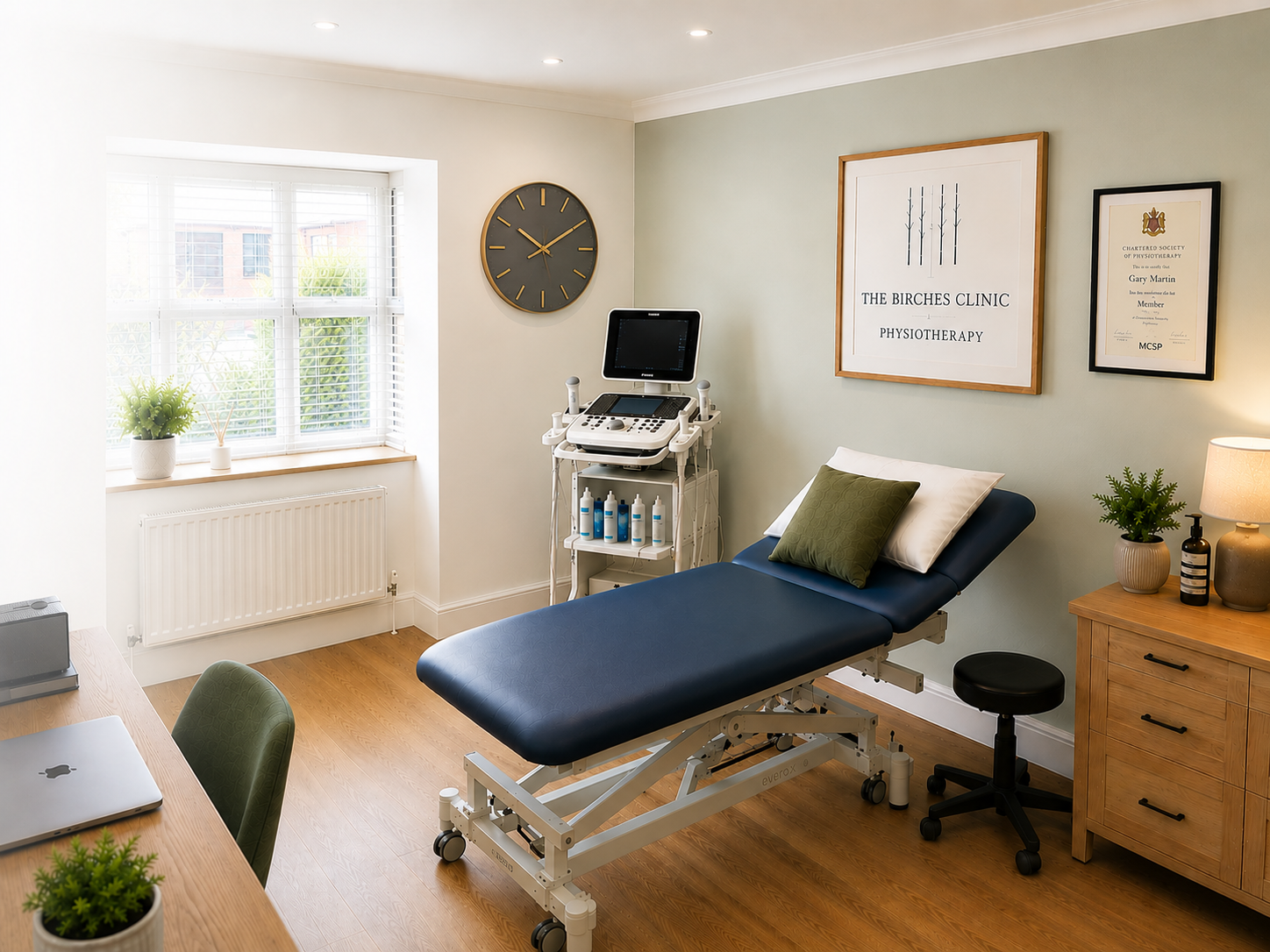 A physiotherapy treatment room with an adjustable treatment table, medical equipment, a window with plants, a wall clock, framed certificates, and a small wooden cabinet with plants and a lamp.
