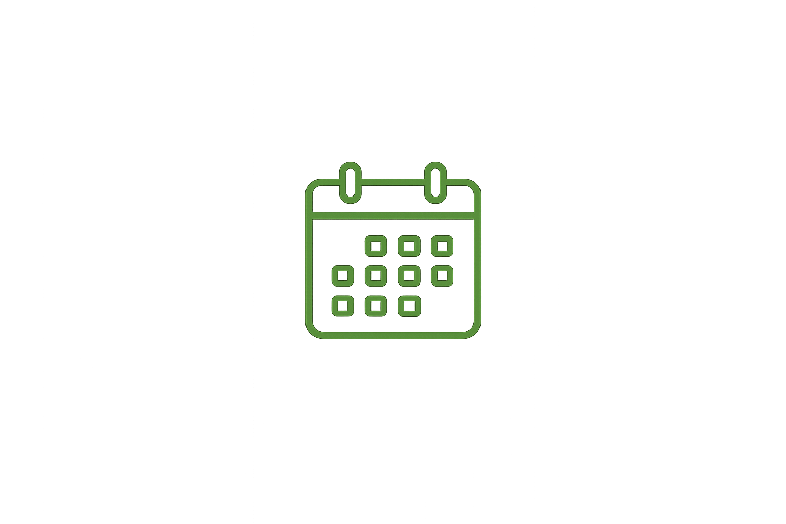 Outlined green calendar icon on a black background.