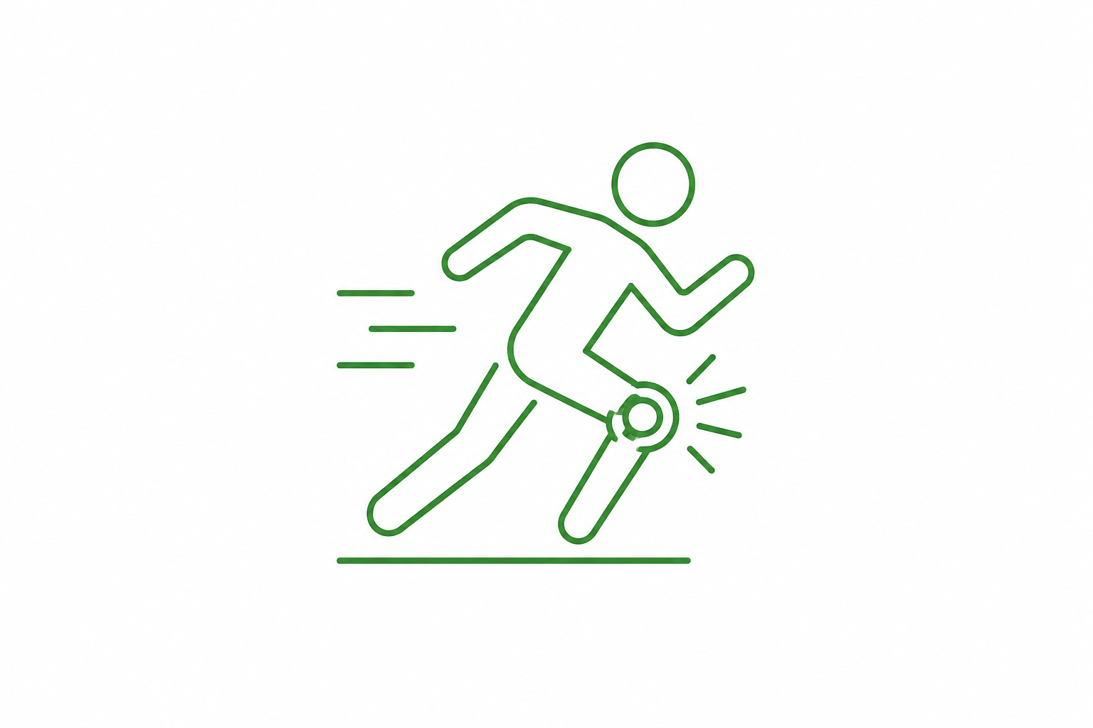 Line drawing of a person running and hitting their knee, with lines indicating pain or impact