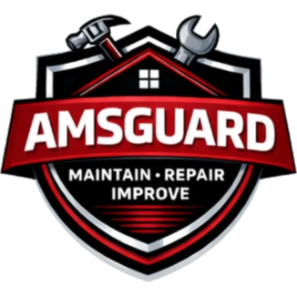 Logo of AMSGUARD with a shield design, house silhouette, and tools, including a wrench and hammer, with the words "Maintain, Repair, Improve."