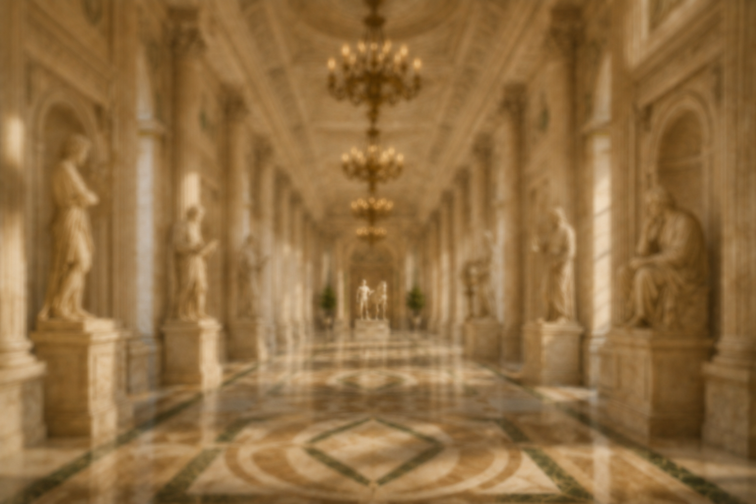 A grand hallway with marble floors, adorned with classical statues on pedestals, ornate chandeliers, high arched windows, and decorative moldings.