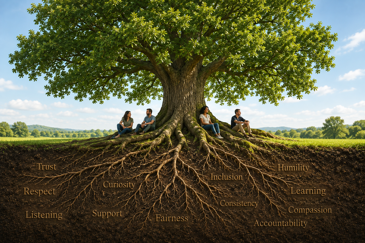 A large, lush tree with deep roots, with four people sitting under it on a sunny day. The roots have words written on them: Trust, Respect, Listening, Support, Curiosity, Fairness, Inclusion, Consistency, Humility, Learning, Compassion, Accountability.