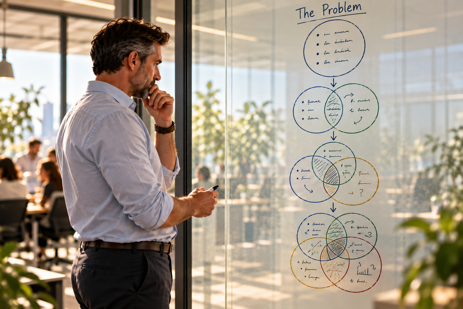 Man in white shirt with dark pants looking at a whiteboard with overlapping circles and handwritten notes, in a modern office with other employees working in the background.