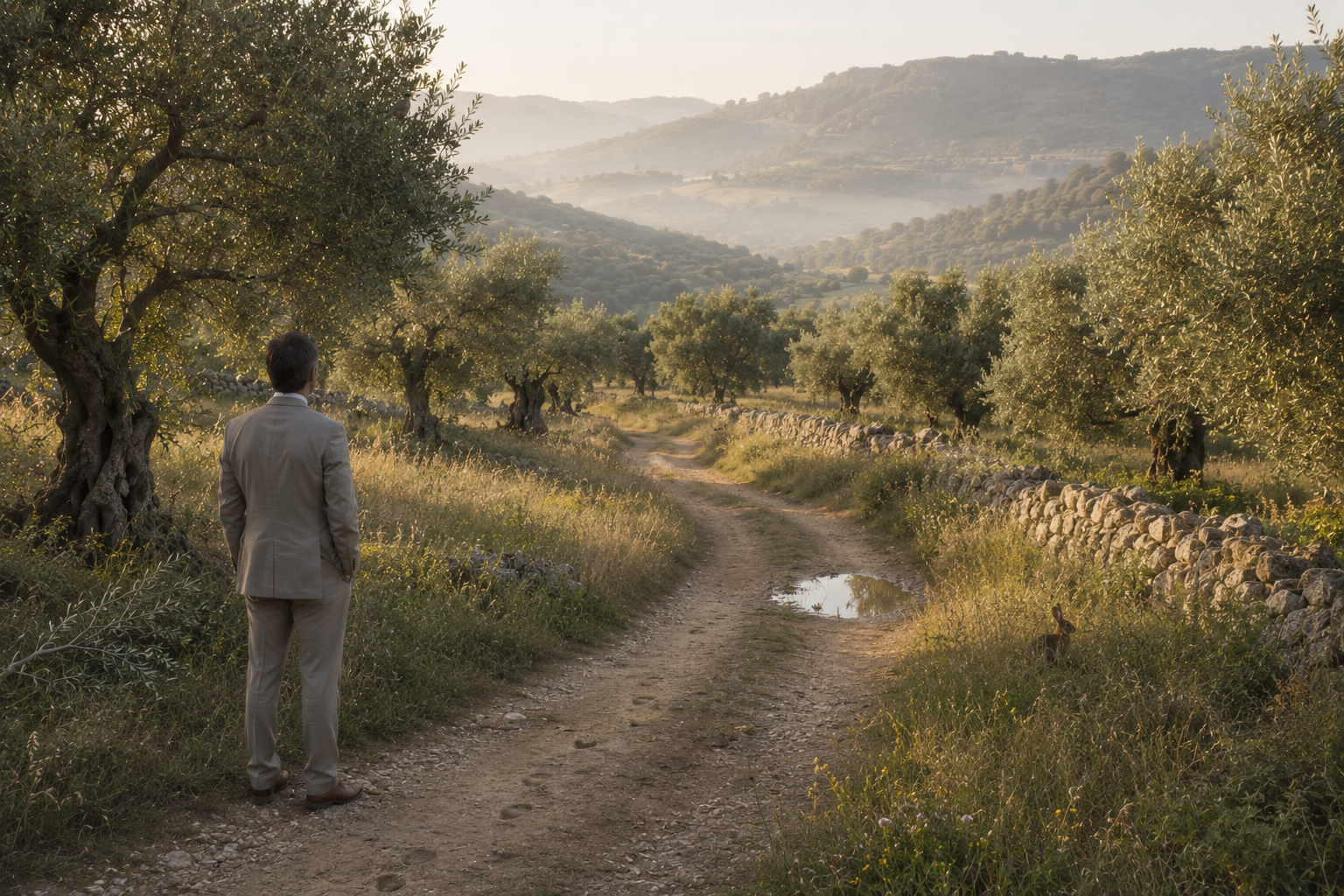 A man in a light-colored suit stands on a dirt path lined with olive trees, overlooking rolling hills with a misty morning atmosphere.