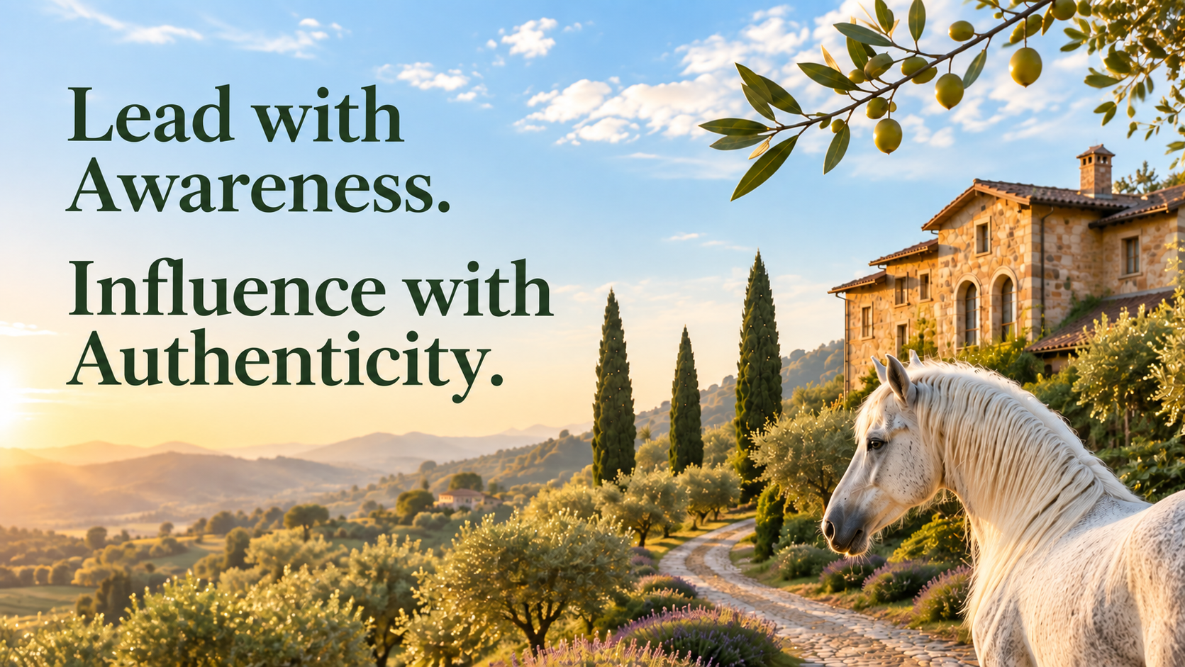 A scenic landscape with a white horse, a stone house, and lush greenery during sunset, with the quote 'Lead with Awareness. Influence with Authenticity.' on the left side.