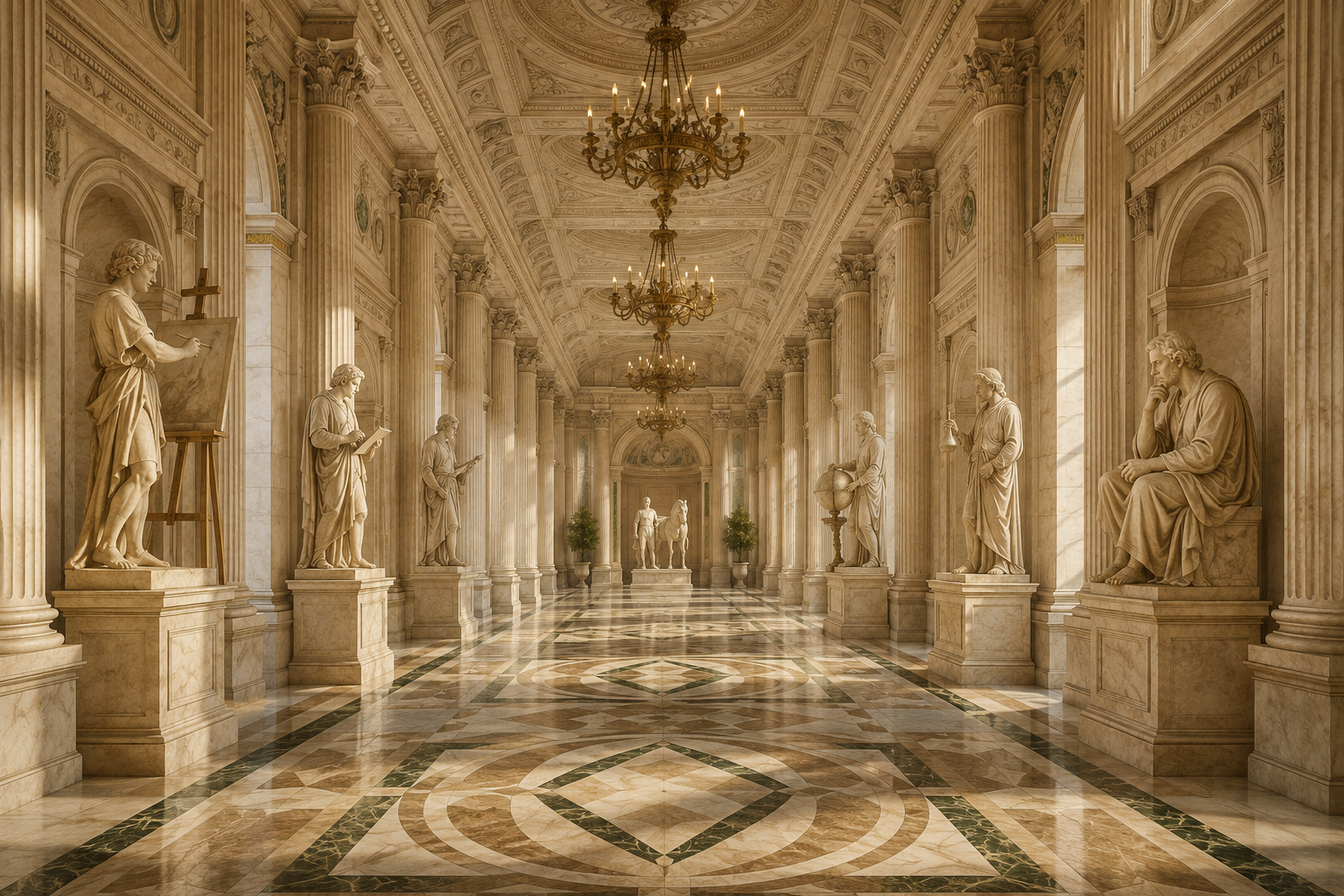 Elegant marble hallway with classical statues on pedestals, large chandeliers hanging from ornate ceiling, and a polished patterned floor, with centurion statue at the end.