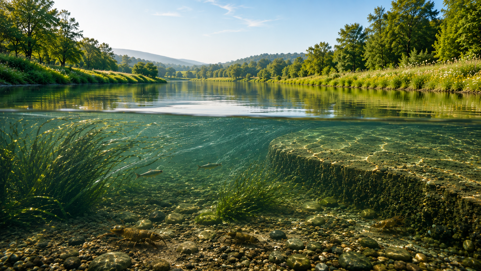 A scenic landscape of a river with clear water, showing aquatic life including fish, rocks, and aquatic plants underwater, with lush green trees and a distant mountain range on a sunny day.