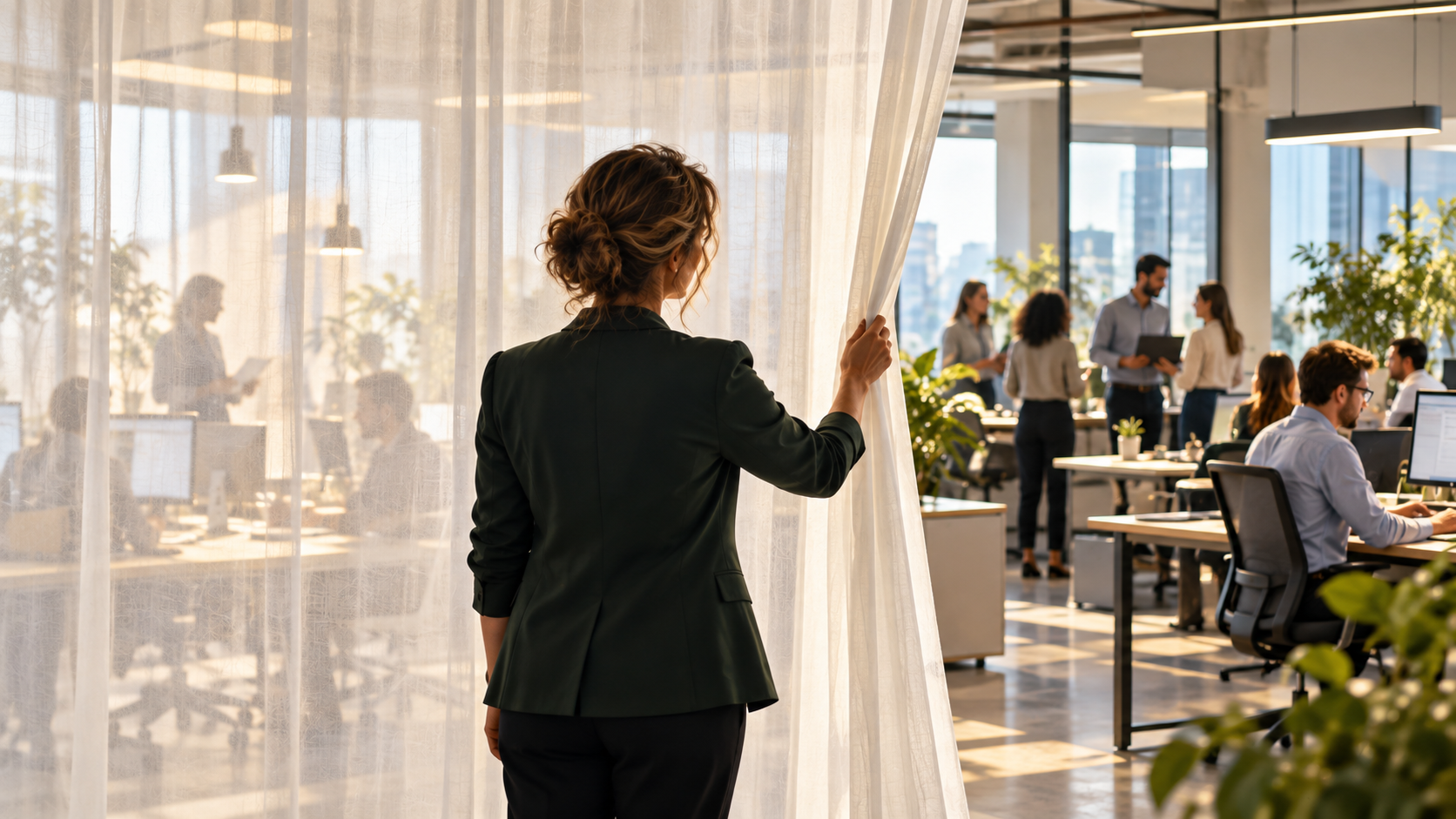 Businesswoman in a dark suit peeking through a curtain into a modern, busy office with people working at desks and collaborating.