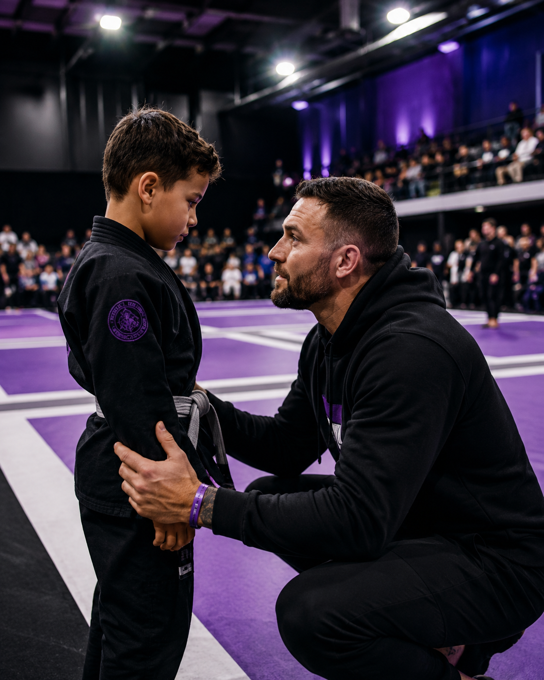 Coach speaking with a young jiu-jitsu competitor beside purple tournament mats with spectators in the background.