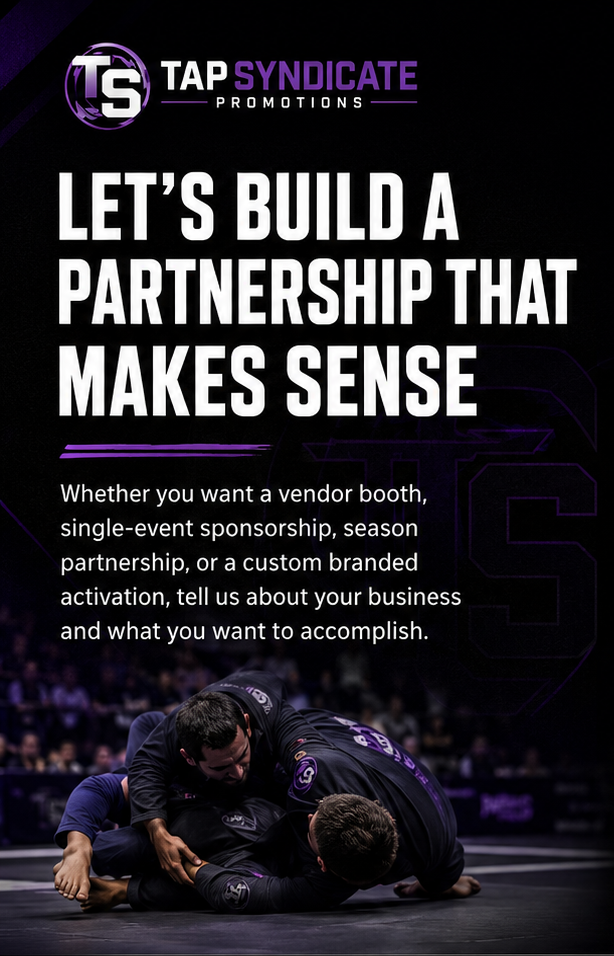 Promotional poster for Tap Syndicate Promotions featuring two people grappling on a mat, with the headline 'Let's build a partnership that makes sense' and text encouraging businesses to customize sponsorship and activation options.