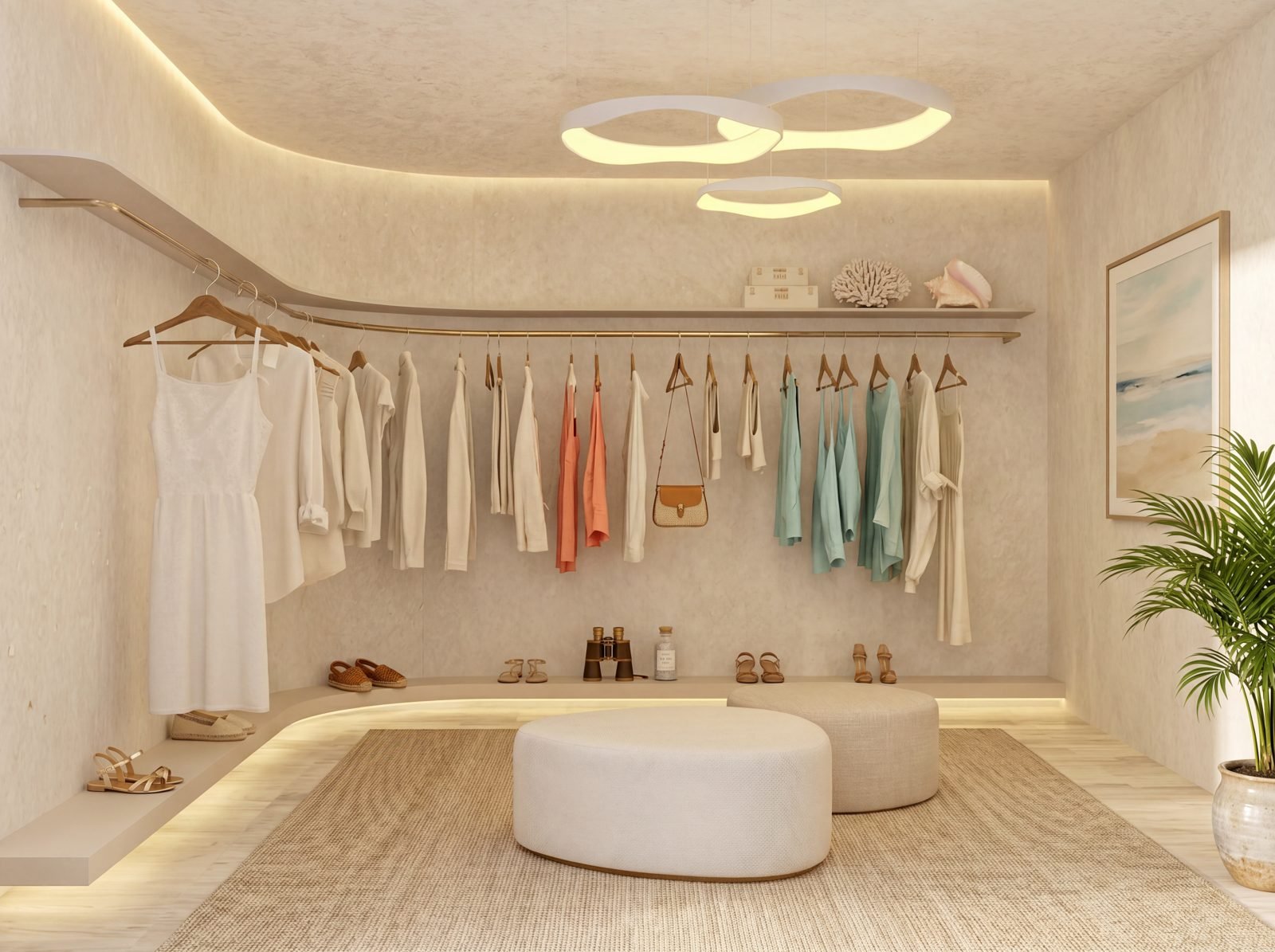 A boutique fitting room with clothing on a hanging rack, including dresses and tops in white, coral, and light blue. Shoes and sandals are arranged on the floor and ottomans, with a framed beach scene painting on the wall and a potted plant in the co
