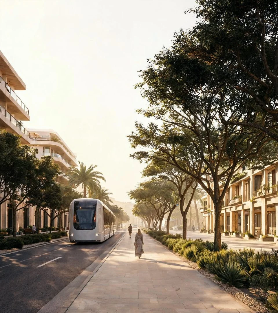 A peaceful city street scene during sunset with a modern tram on the left, pedestrians walking on the sidewalk, and trees lining both sides of the street.