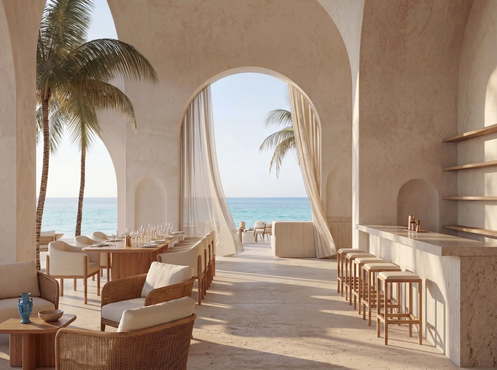 A bright, airy dining area with a view of the ocean, featuring a long dining table set with glasses and plates, surrounded by cream-colored chairs. Large arched windows with sheer curtains reveal palm trees and the sea outside, and a bar with stools 