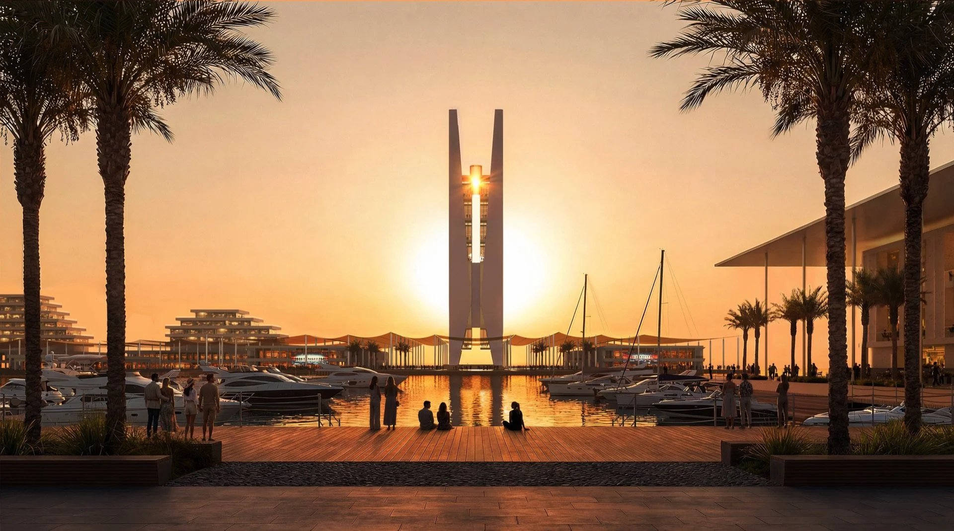Sunset view at a marina with palm trees, modern architecture, boats, people walking and sitting, and a tall tower in the background.