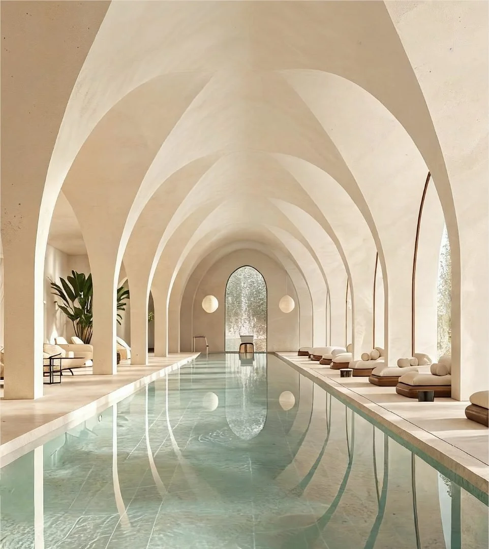 Interior of a luxurious indoor swimming pool with arched ceilings, lined with lounge chairs and round wall lights, and large window showcasing an outdoor view.