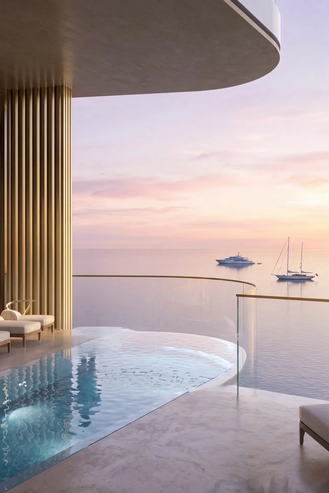 Luxury balcony with small infinity pool overlooking the ocean at sunset, with boats in the distance, modern architecture with wooden slats, glass railing, and outdoor seating.