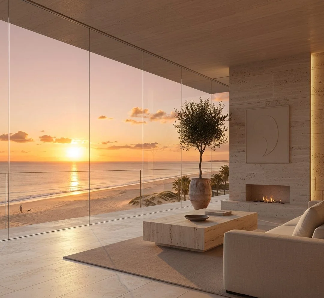 A modern living room with large glass windows showing a sunset over the beach, a potted tree, a beige couch, a coffee table with books and a bowl, and a fireplace with a moon art piece on the wall.